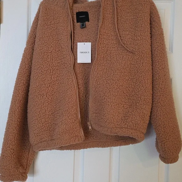 Forever 21 Warm Brown Sherpa Full Zip Hooded Jacket New - Picture 3 of 3